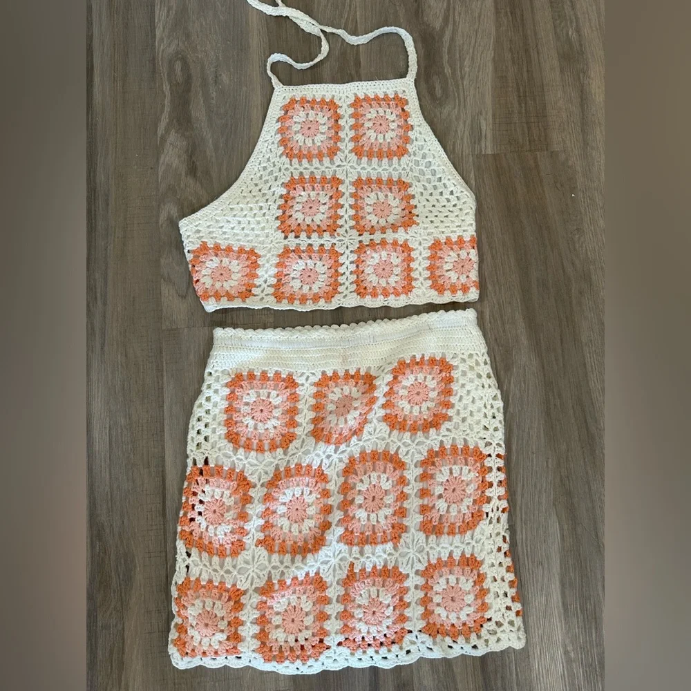 Pink Lily| size medium| pink & orange squared away crochet tank and skirt set - Picture 5 of 11